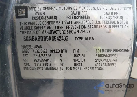 2010 Chevrolet Hhr Lt z USA, uszkodzony, nr VIN 3GNBABDB5AS542435